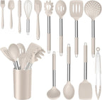 E-far 14 Pieces Silicone Cooking Utensils Set, Kitchen Utensils Set with Holder, Spatula, Ladle, Spoon, Tong, Slotted Turner for Nonstick Cookware, Heat Resistant & Stainless Steel Handle, Khaki