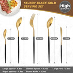 5-Piece Matte Black Gold Stainless Steel Large Hostess Set With Round Edge Satin Finish Dishwasher Safe - Large Serving Set Including Fork, Knife, Sugar Spoon And Slotted Spoon