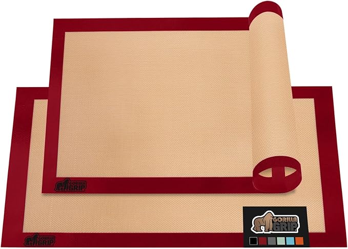 GORILLA GRIP Reusable Nonstick Silicone Baking Mat, 2 Pack, BPA-Free Oven Safe Food Liner, For Cookie Sheets, Toaster Ovens, Easy Clean Pastry Mats, Kitchen Essential, 11.75x8.25, Quarter Sheet, Red