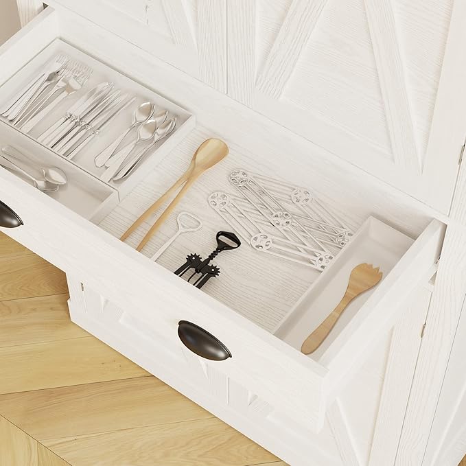 IRONCK Kitchen Pantry Storage Cabinet 72.6" H x 24" W, with Barn Doors, Drawer, 4 Adjustable Shelves, Freestanding Cupboard, Laundry, White
