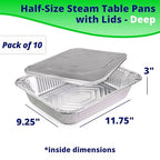 IDL Packaging Half-Size Aluminum Steam Table Pans with Lids - Deep, 13" x 11" x 3" (Pack of 10) - Disposable Foil Pan for Grilling, Roasting, BBQ, Cooking, Baking, Freezing