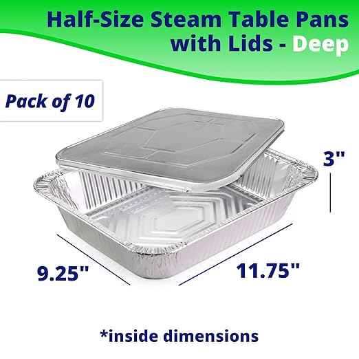 IDL Packaging Half-Size Aluminum Steam Table Pans with Lids - Deep, 13" x 11" x 3" (Pack of 10) - Disposable Foil Pan for Grilling, Roasting, BBQ, Cooking, Baking, Freezing