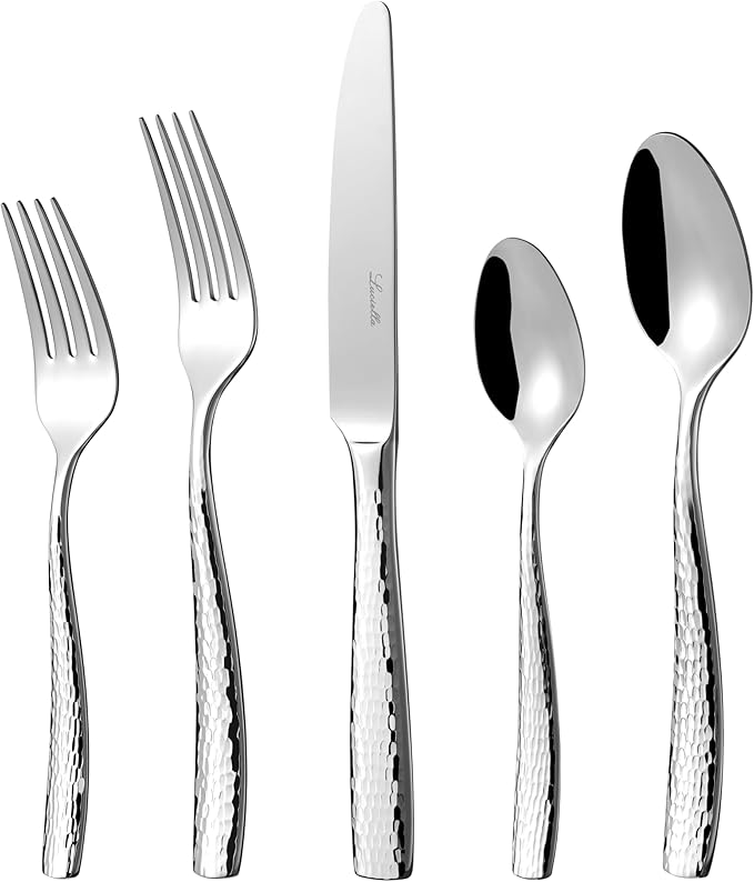 Luciella Ponza Flatware Set for 12, 65-Piece Stainless Steel Silverware Set with Serving Utensils, Timeless Hammered Design, Rust-Resistant, Mirror Polished & Dishwasher Safe