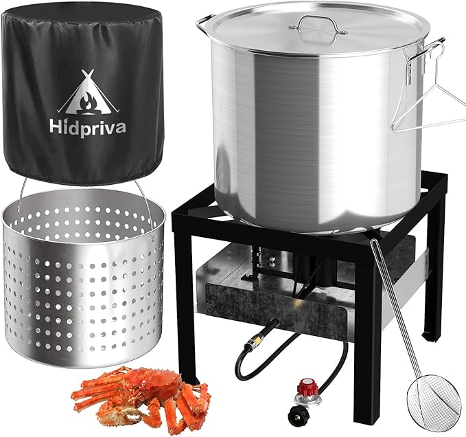 50QT Crawfish Boiler Kit, Waterproof Cover & 12-inch Skimmer, 110,000BTU Propane Burner Stove, 0-20PSIG Regulator, Aluminum Seafood Boil Pot, Crab Boil Pot with Basket