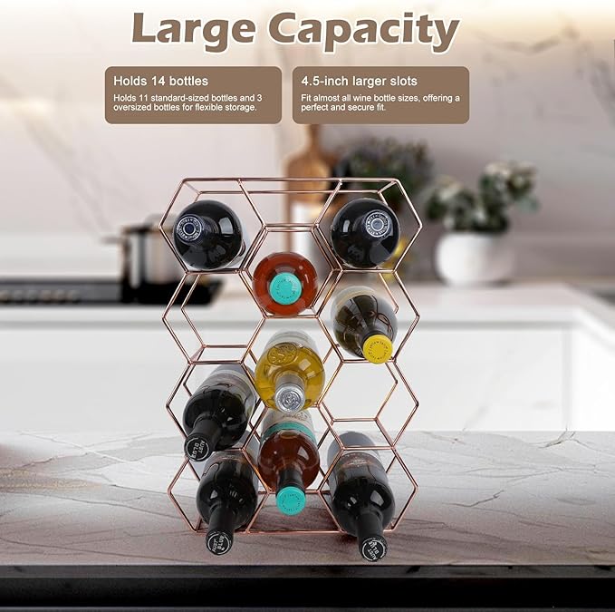 Rose Gold Wine Rack Countertop 14 Bottles, Geometric Stainless Steel Wine Bottle Holder,3 Tier Wine Racks for Cabinet Pantry Bar Table No Assembly Required