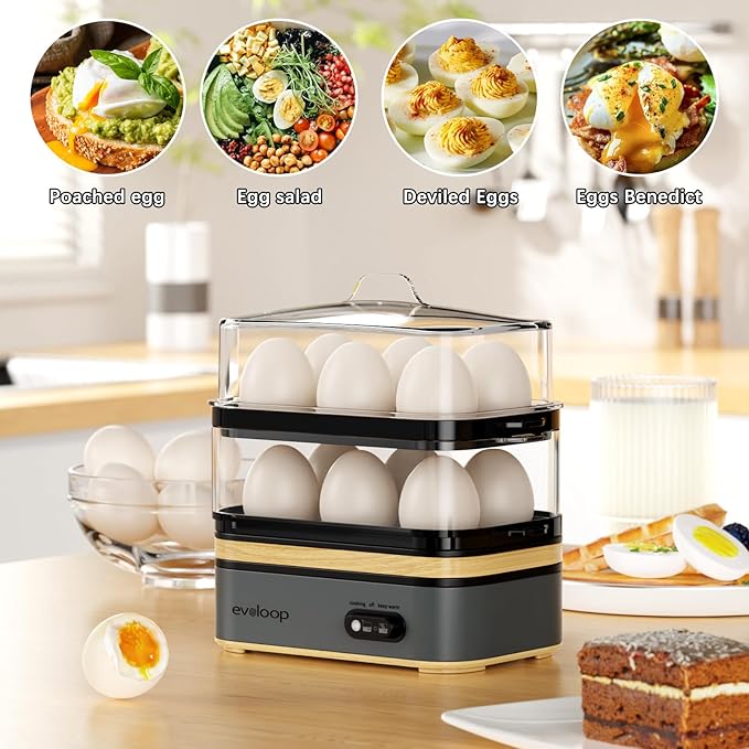 Evoloop Rapid Egg Cooker Electric 12 Eggs Capacity, Soft, Medium, Hard Boiled, Poached, Omelet Maker Egg Poacher & Vegetable Steamer, BPA Free Tray(Grey)