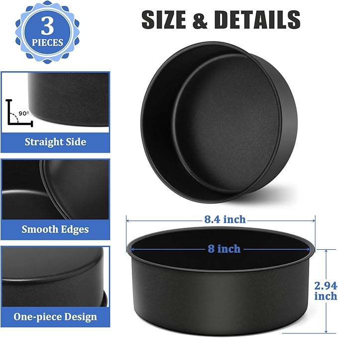 P&P CHEF 8 Inch Cake Pan, Nonstick Round Baking Layer Cake Pans Tins Set for Birthday Wedding, 2.94-Inch Deep Side & One-piece Design, Stainless Steel Core & Easy Clean, Black 3Pcs