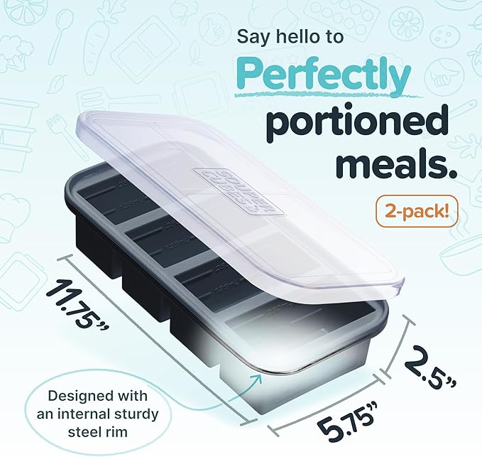 Souper Cubes 1 Cup Silicone Freezer Tray with Lids, Perfect for Storing Broth, Leftovers, Rice, Sauce and More, Silicone Soup Freezer Molds for Meal Prepping - Charcoal - 2-Pack