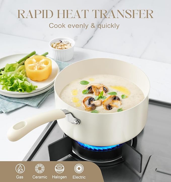 MICHELANGELO Nonstick Sauce Pan Sets, Ceramic Saucepan with Lid, Multipurpose Pot with Lid, Non-Toxic Saucepans, Induction Compatible, 2QT, White