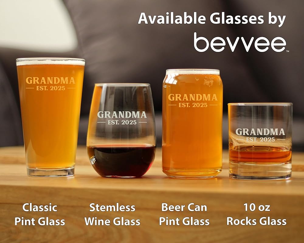 Grandma Est 2025 - New Grandmother Pint Glass Gift for First Time Grandparents - Bold 16 Oz Glasses