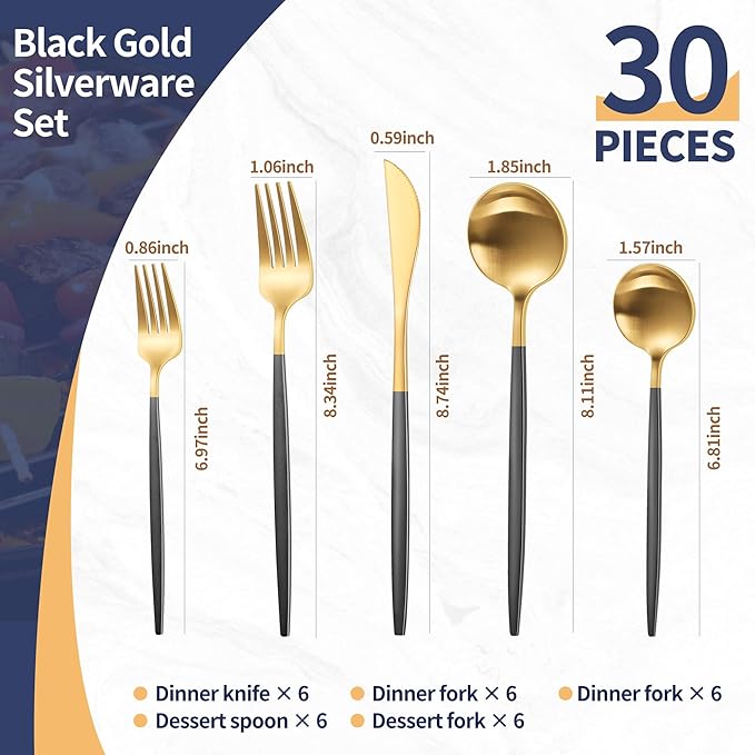 Matte Black Gold Silverware Set,30 Piece Stainless Steel Modern Flatware Set,Brushed Cutlery Set Service for 6,Satin Finish Utensils Set,Home Kitchen and Restaurant,Dishwasher Safe