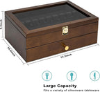 Silverware Box, 2-Layer Wooden Silverware Storage Box with Glass Lid, 14.5×10.6 Inches Luxury Style Decor Flatware Storage Case for Fine Flatware & Utensils, Gift Idea (Walnut)