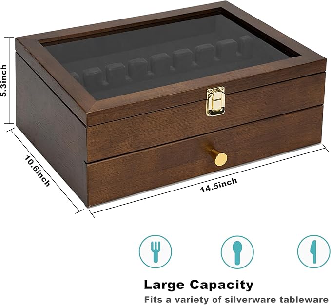 Silverware Box, 2-Layer Wooden Silverware Storage Box with Glass Lid, 14.5×10.6 Inches Luxury Style Decor Flatware Storage Case for Fine Flatware & Utensils, Gift Idea (Walnut)