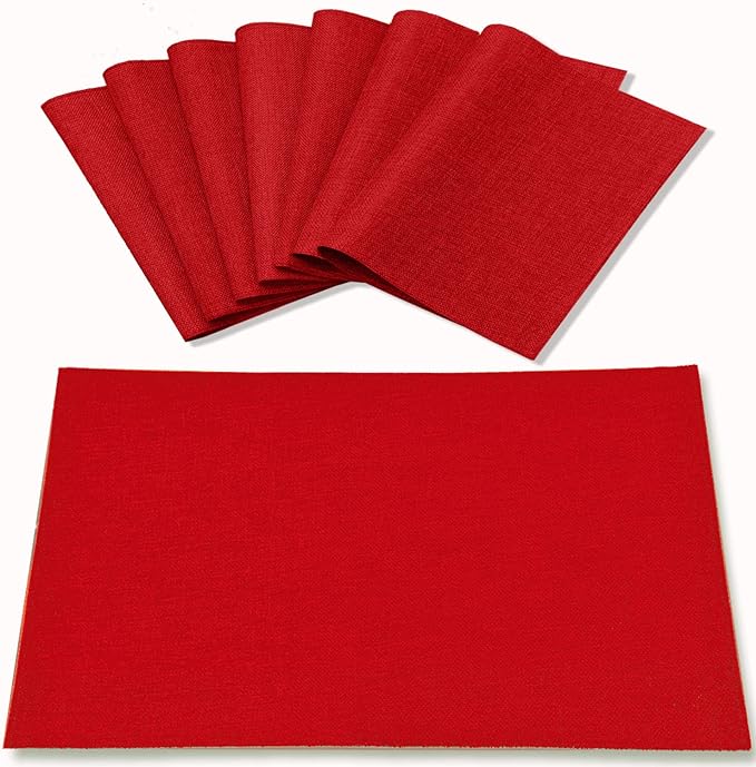 Linen Placemats Set of 8, Machine Washable, Heat Resistant, Wrinkle Free, Thick Polyester Kitchen Place Mats for Dining Table (Red)