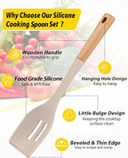 Pack of 2 Large Silicone Cooking Spoons, Heat Resistant Non Stick Kitchen Utensils with Wooden Handle, Ideal for Mixing, Stirring, Serving, Cooking(KHAKI)
