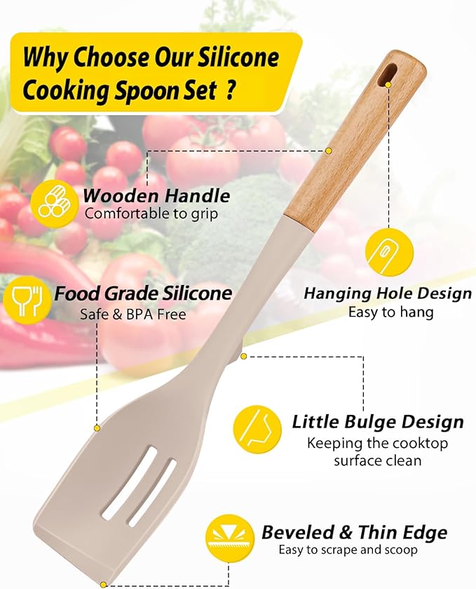Pack of 2 Large Silicone Cooking Spoons, Heat Resistant Non Stick Kitchen Utensils with Wooden Handle, Ideal for Mixing, Stirring, Serving, Cooking(KHAKI)