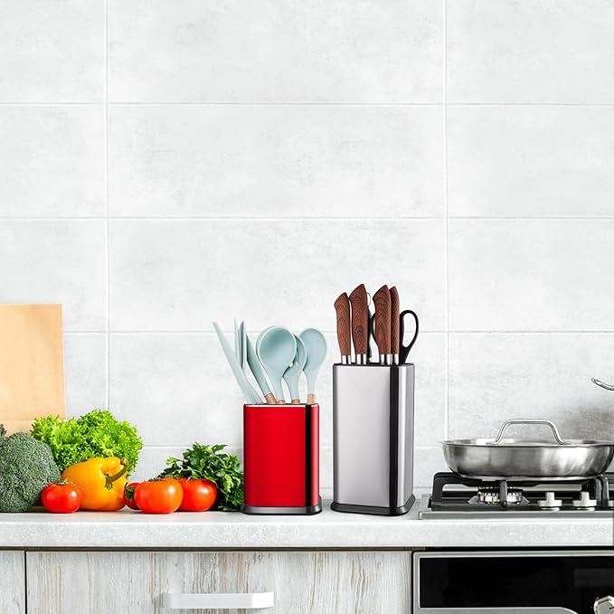 RedCall Stainless Steel Kitchen Utensil Holder for Countertop, Spoon Spatula Organizer,Modern Rectangular Large Cooking Utensil Caddy Counter,Utensil Crock (Stainless Steel Red)