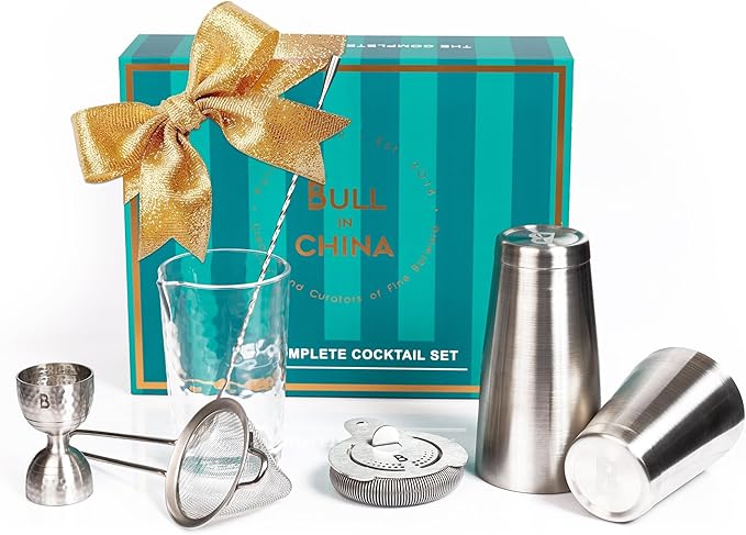 Shaken & Stirred Cocktail Set by Bull in China - Premium Bartender Gift Set w/ 2 Piece Weighted Shaker, Hammered Jigger, Hawthorne Strainer, Fine Mesh Strainer, Mixing Glass & Barspoon (Sliver)