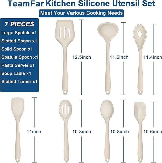 TeamFar Silicone Cooking Utensils, 7 PCS Heat Proof Kitchen Utensils Set, Kitchen Tools Spatula Turner Ladle Spoon Pasta Fork for Nonstick Cookware, Non-Toxic & Dishwasher Safe, Khaki
