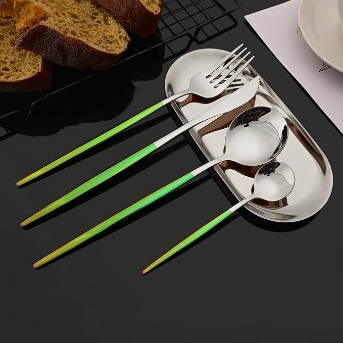 JASHII Flatware Set 24 Piece, Stainless Steel Silverware Set, Macaron Small Fresh Color Cutlery Set, Modern Elegant Tableware Set for Party, Christmas, Dinner (Rainbow Silver)