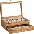 Silverware Box, 2-Layer Wooden Silverware Storage Box with Glass Lid, 14.5×10.6 Inches Vintage Style Decor Flatware Storage Case for Fine Flatware & Utensils, Gift Idea (Torched Wood)