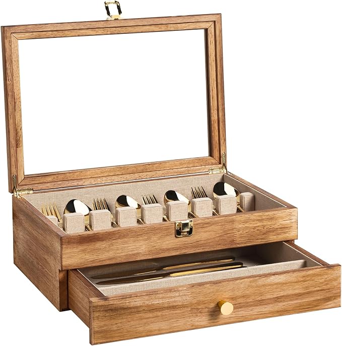 Silverware Box, 2-Layer Wooden Silverware Storage Box with Glass Lid, 14.5×10.6 Inches Vintage Style Decor Flatware Storage Case for Fine Flatware & Utensils, Gift Idea (Torched Wood)
