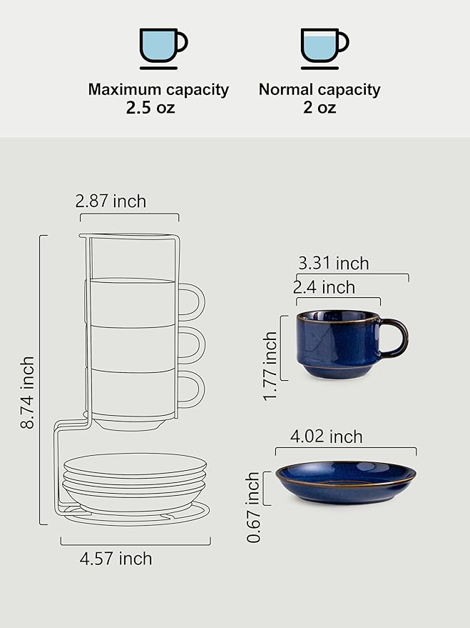 Gomakren 2.5 Ounce Espresso Cups Set of 4, Small Stackable Coffee Cups with Saucers and Metal Stand, Halloween Porcelain Demitasse Cups for Specialty Coffee Drinks, Espresso, Cappuccino, Cobalt Blue