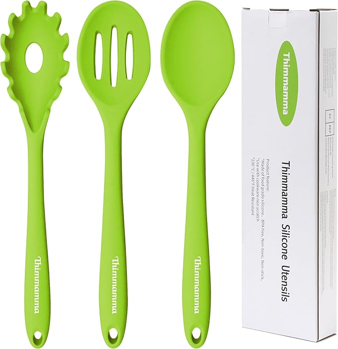 Silicone Cooking Spoons, Heat Resistant Large Silicone Pasta Slotted Spoon Solid Basting Spoon set for Nonstick Cookware, BPA Free Black Kitchen Silicone Spoons set for Mixing, Serving, Draining Green