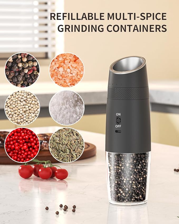 CIRCLE JOY Gravity Electric Salt and Pepper Grinder Set Rechargeable Automatic Pepper and Salt Shakers with LED Light, External Adjustable Coarseness, One-Hand Operation for Salt & Spices