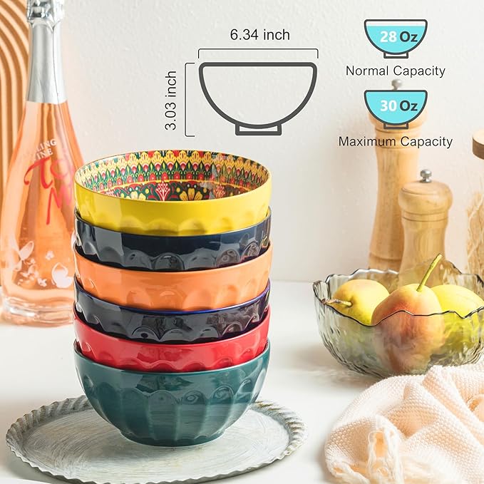 Cereal Bowls Set of 6, Bohemian Soup Bowls, 30 oz Colorful Ceramic Serving Bowls for Kitchen, Breakfast, Boho Decorative Bowl, Microwave Oven Safe Bowl for Salad, Pasta, Oatmeal