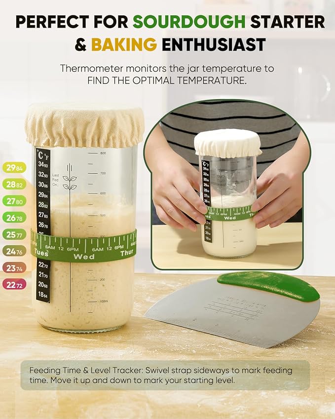 Sourdough Bread Baking Supplies 34 OZ Sourdough starter kit with 2 Bread Proofing Basket - Green