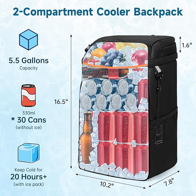 ANILD 30 Cans Cooler Backpack Soft Insulated Leak Proof for Men and Women, 2 Insulated Compartments Portable Backpack for Travel, Camping, Beach and Picnic