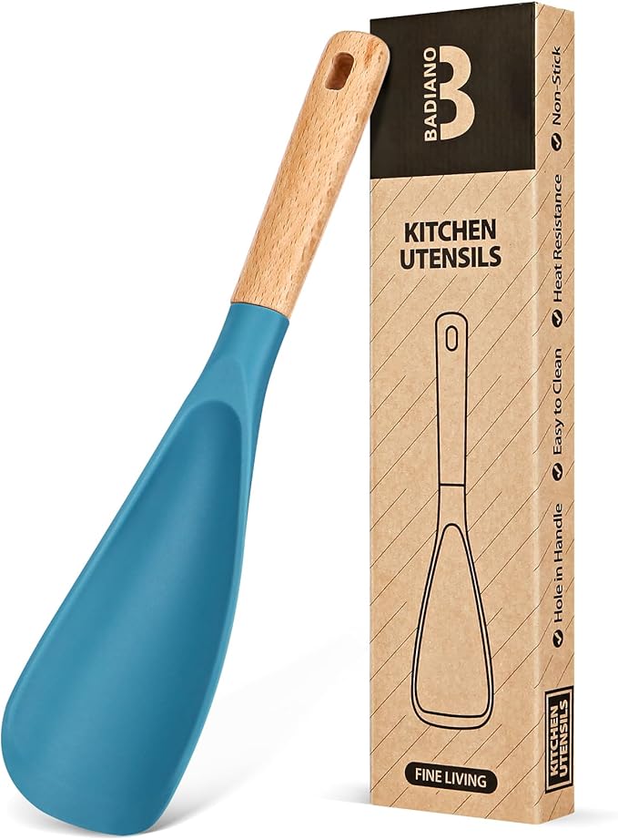 Cooking Spoon for Nonstick Cookwares, Great for Cooking and Serving Sturdy BPA-Free Matte Silicone, Wood Handle Spoon for Mixing, Scoop, and Scrape (TURQ)