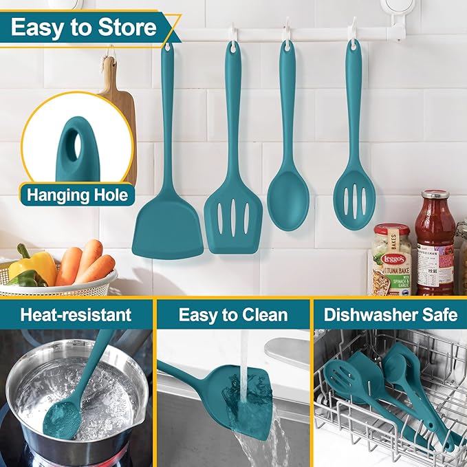 P&P CHEF Kitchen Utensil Set, 4 Pieces Non-stick Silicone Cooking Utensils, Heat-resistant Slotted Solid Spoon Turner for Frying, Mixing, Serving, Non-toxic & Easy to Clean, Blue