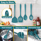 P&P CHEF Kitchen Utensil Set, 4 Pieces Non-stick Silicone Cooking Utensils, Heat-resistant Slotted Solid Spoon Turner for Frying, Mixing, Serving, Non-toxic & Easy to Clean, Blue
