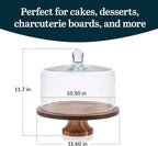 Libbey Acacia Wood Cake Stand with Lid, Footed Round Cake Container, Ball Top Handle Covered Cake Stand, Durable Glass Dome Cover