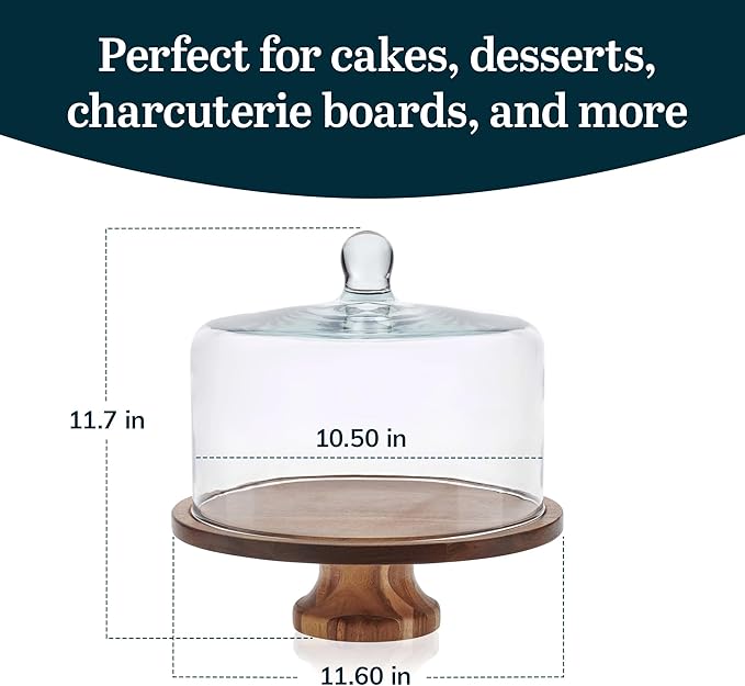Libbey Acacia Wood Cake Stand with Lid, Footed Round Cake Container, Ball Top Handle Covered Cake Stand, Durable Glass Dome Cover