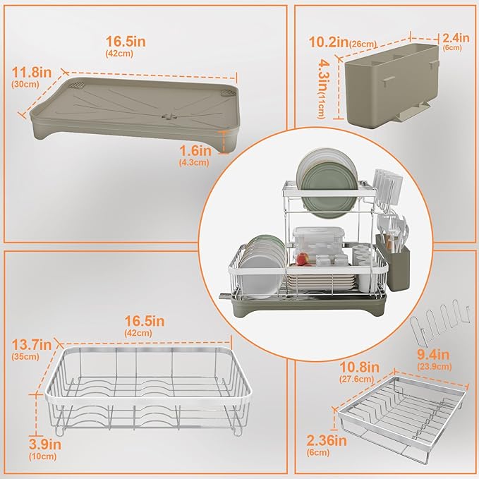 Dish Drying Rack, 2 -Tier 304 Stainless Steel Adjustable Spout Auto-Draining Dish Rack, Space Saving Dish Drainer with Drainboard and Utensil Holder for Kitchen Counter Grey
