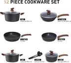 MAISON ARTS Pots and Pans Set Non Stick, 12 Piece Black Granite Kitchen Cookware Induction Compatible, Pot and Pan Sets for Cooking Nonstick