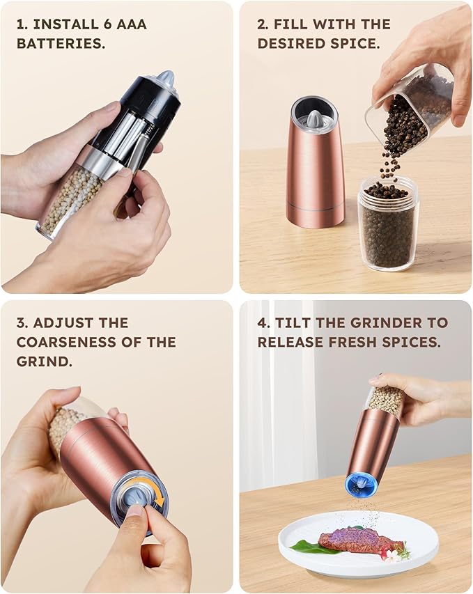 Sangcon Gravity Electric Pepper and Salt Grinder Set Automatic Shakers Mill Grinder with LED Light, Battery Powered Adjustable Coarseness One Hand Operation, Upgraded Larger Capacity