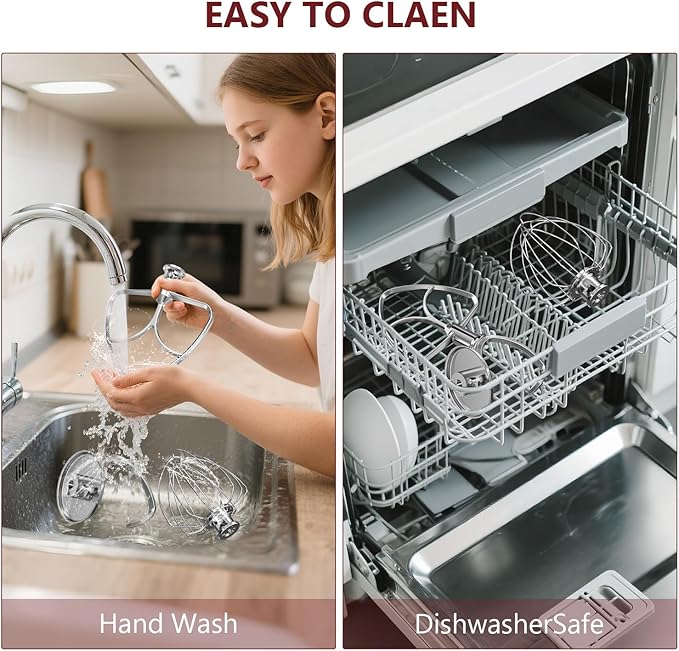 Stainless Steel Attachments 3 Pieces for KitchenAid 4.5-5QT Tilt-Head Stand Mixer and Mixing Bowl,K45WW Wire Whip, K45DH Dough Hook, K45B Flat Beater,Dishwasher Safe and Heavy Duty