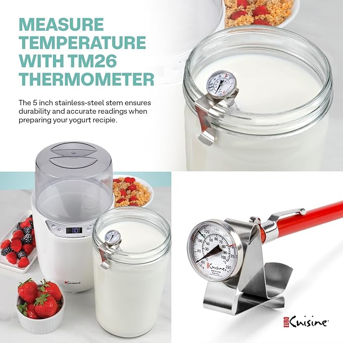 Euro Cuisine YM260 Yogurt Maker with Adjustable Time & Temperature Control, 2-Quart Glass Jar, Free Thermometer & Cotton Strainer Bag, 2025 Edition, White, Make Yummy Organic Probiotic Yogurt at Home