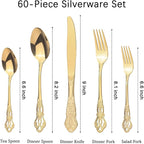 Retro Royal Gold Silverware Set With Gift Box, 60-Pieces Cutlery Set Utensils Stainless Steel Flatware For 12 MIKIWAY Kitchen Tableware Set For Gifts Festive, Dishwasher Safe, Mirror Polishing