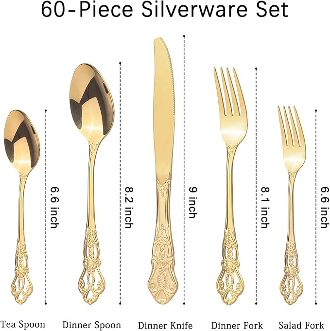 Retro Royal Gold Silverware Set With Gift Box, 60-Pieces Cutlery Set Utensils Stainless Steel Flatware For 12 MIKIWAY Kitchen Tableware Set For Gifts Festive, Dishwasher Safe, Mirror Polishing