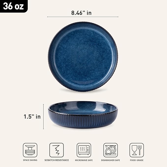 famiware Starlight Large pasta bowls set of 4, Serving Bowls for Pasta, Salad, Dinner, Oatmeal. Microwave Safe-36 oz, 8.46 inch, Blue