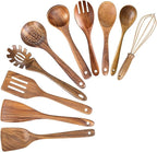 AIUHI 10 Pack Wooden Spoons for Cooking, Teak Wood Kitchen Utensils Set for Non Stick Use, Spatula Set for Stirring, Baking, Non Stick Wooden Utensils for Kitchen