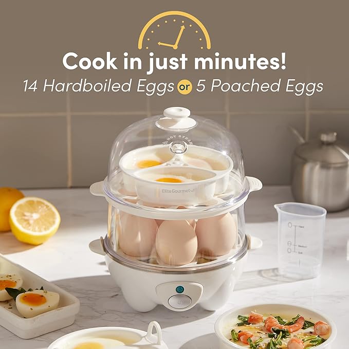 Elite Gourmet EGC1405W 2-Tiered Rapid Egg Cooker, 5-Egg Poacher, Omelets, Soft, Medium, Hard-Boiled Eggs with Auto Shut-Off and Buzzer, BPA Free, 14 eggs, White