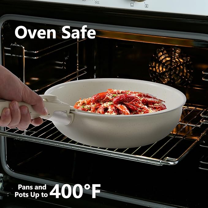 NEWBULIG 12-Piece Nonstick Kitchen Cookware Set, Pots and Pans with Detachable Handle, Induction Compatible, Dishwasher & Oven Safe, Space-Saving, Cream White