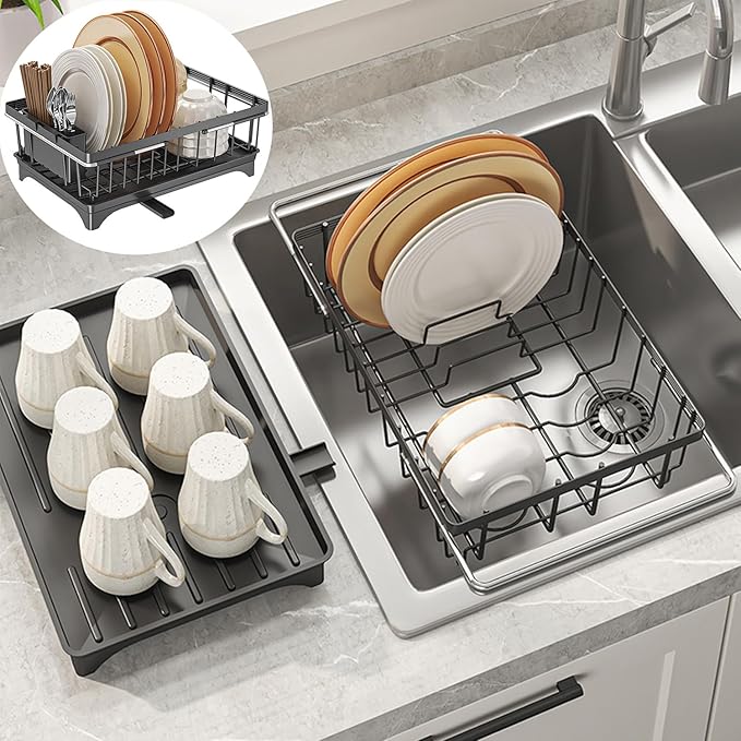 Dish Drying Rack with Detachable Drainboard – Expandable Over Sink Dish Rack, Dish Dryer Rack for Inside Sink,Countertop Dish Drainer with Utensil Holder