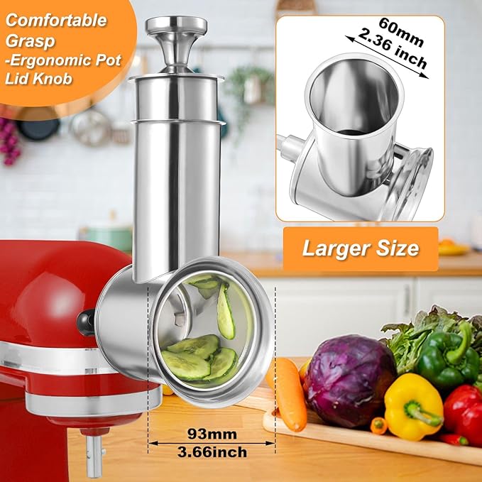 Large Stainless Steel Slicer Shredder Attachment for KitchenAid Mixers,Dishwasher Safe Vegetable Cheese Grater Accessories with 4 Cutting Blades by KINGEAGLE